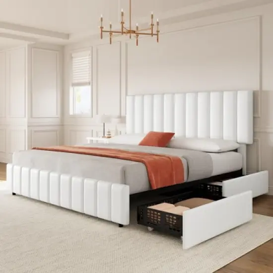 Bed Frame with 4 Storage Drawers, Adjustable Height Headboard, Linen Upholstered Platform BedFrame, Wooden Slats image {6}