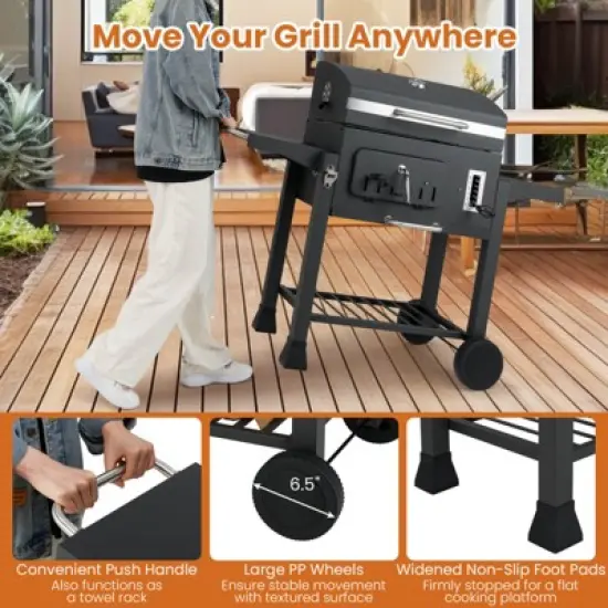 Costway Barrel Charcoal Grill with 2 Folding Side Tables 24-Inch Outdoor Barbecue Grill image {7}