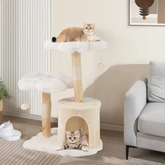 Costway 32 inch Cute Wood Cat Tree w/ Scratching Posts Pet Condo Furniture Activity Center image {1}