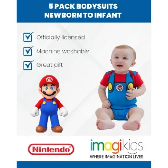 SUPER MARIO Nintendo Mario Yoshi Donkey Kong Toad Bowser Lugi  
 Newborn Baby Boys 5 Pack Short Sleeve Bodysuits image {1}