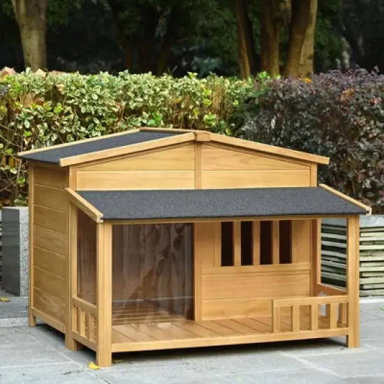 Wooden Dog House, Dog Crate For large dog breeds, Cabin Style Raised Dog Shelter with Asphalt Roof image {4}