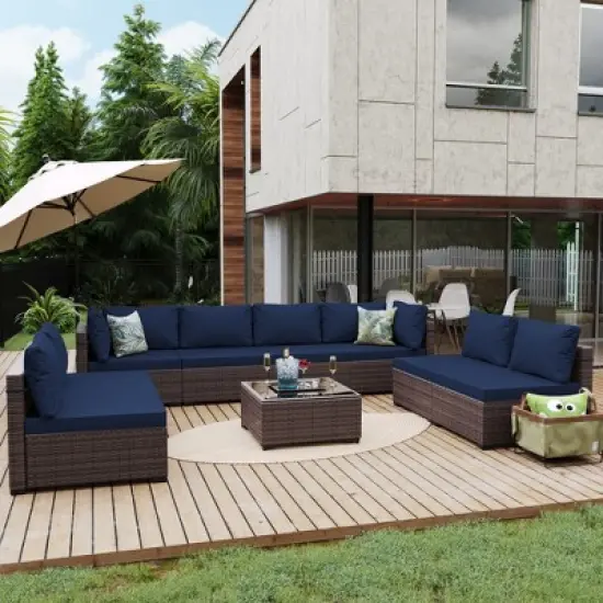 UPHA 9-Piece Rattan Patio Sofa Conversation Set with Cushions image {14}