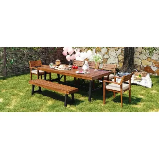 GO Outdoor Wood Dining Set For 7-8 Person, Outdoor Dining Furniture With Removable Cushions, Ergonomic Chairs And Bench, Thicker Table, Nature image {4}