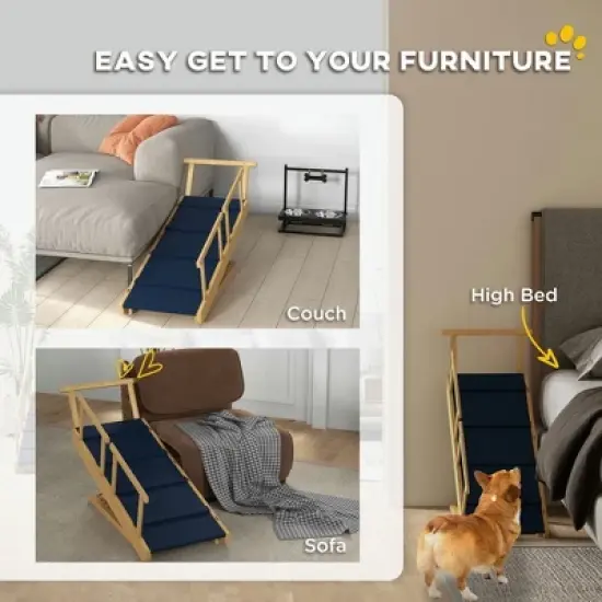 Resenkos Dog Ramp, Adjustable Height Pet Steps, Foldable Dog Stairs with Non-slip Mat for Small to Large Dogs Natural Wood Finish, Black image {2}