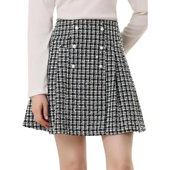 Allegra K Women's Plaid Tweed Elegant High Waist A-Line Button Front Mini Skirt image {6}