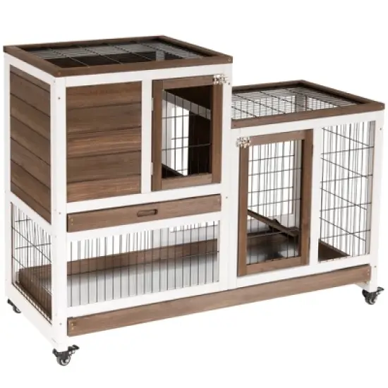 PawHut Wooden Rabbit Hutch Elevated Bunny Cage Indoor Small Animal Habitat with Enclosed Run with Wheels, Ramp, Removable Tray for Guinea Pigs image {3}