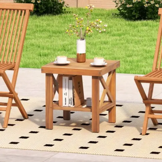 Tangkula Outdoor Side Table Acacia Wood Adirondack Table w/ Storage Shelf Natural image {3}