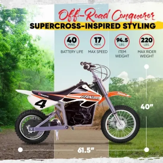 Razor MX650 Dirt Rocket Bike Electric Ride-On for Age 16+, 220lb Weight Capacity, Orange &ndash; 36V Battery, Up to 17 Mph, 40-Min Run Time, Pneumatic Tires image {2}
