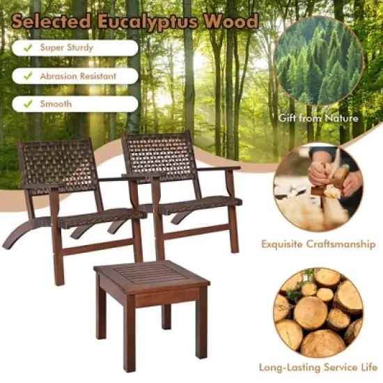 Bestier 3-Piece Patio Bistro Set with Coffee Table, Eucalyptus Wood Chair with Rattan Wicker Back & Seat, Outdoor Furniture Set for Garden, Balcony image {3}