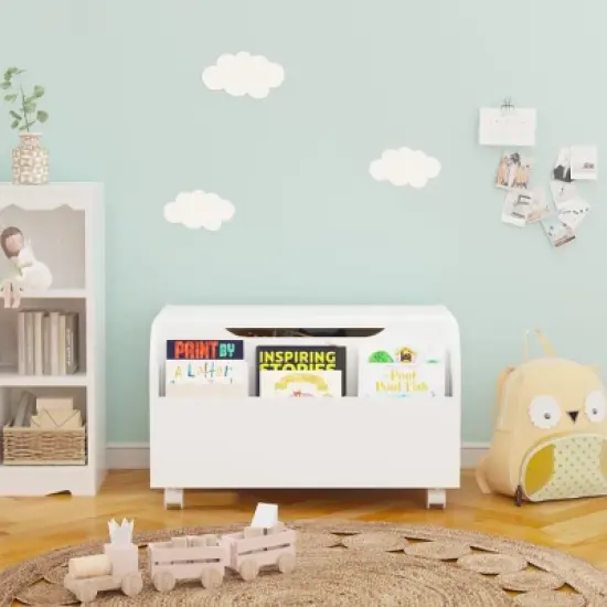 KTMBDW Wooden Toy Box, Kids Toy Storage Organizer with Front Bookshelf, Safety Hinge, Boys Girls Toy Chest Bench for Playroom Kids Room, White image {1}