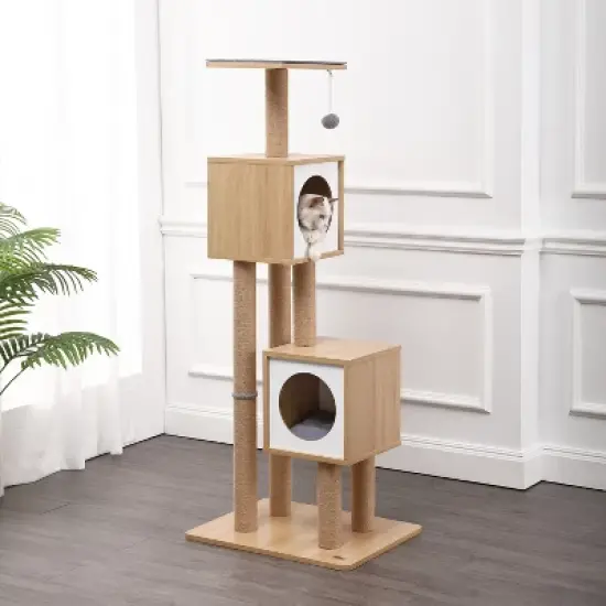 Sawyer 3-Tier Minimalist Jute Cat Tree Condo with Scratching posts, and Fuzzy Toy image {1}