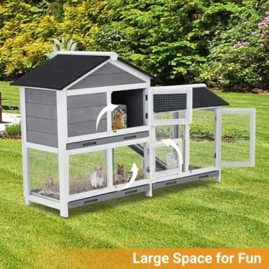 63" L Rabbit Hutch Indoor Outdoor 2 Story Large Bunny Hutch with Run Guinea Pig Cage Wooden Rabbit Cage with Removable 3 Pull Out Trays Pet House image {4}