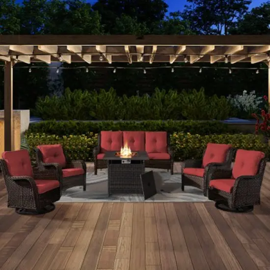 6 Pieces Wicker Patio Furniture Set with Propane Fire Pit Table, All Weather Wicker Patio Set with Square Fire Pit Table and Swivel Patio Chair image {17}