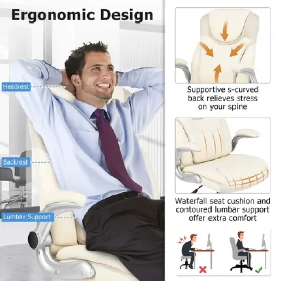 Costway Ergonomic Office Chair PU Leather Executive Swivel with Flip-up Armrests Brown/White/Black image {7}