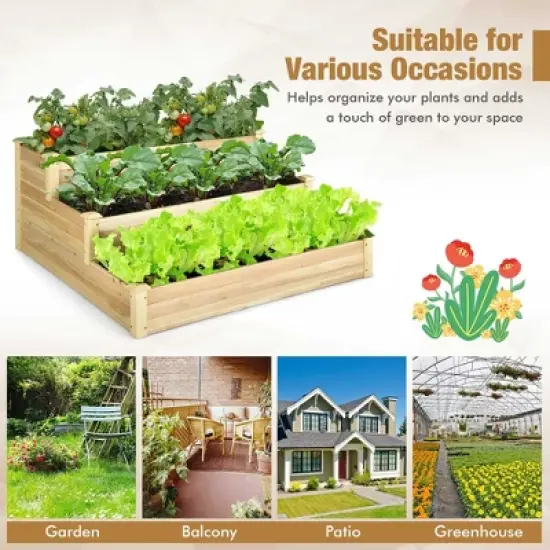 Costway 3-Tier Raised Garden Bed Wood Planter Kit for Flower Vegetable Herb 48x 48x 22in image {7}