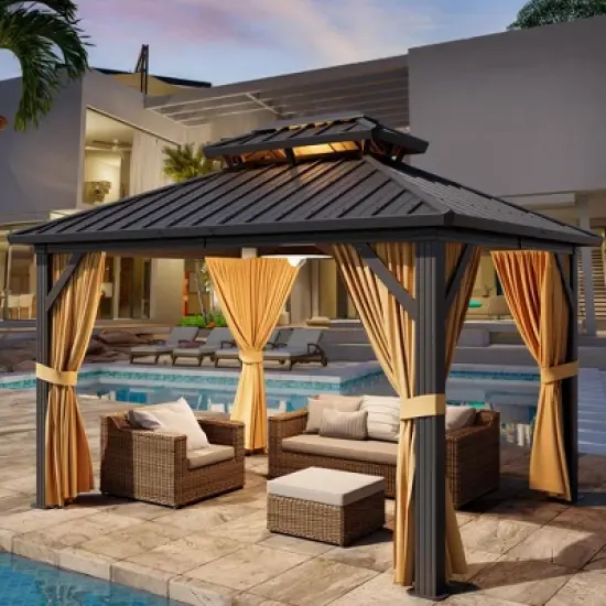 10x12FT Metal Hardtop Gazebo with Reinforced Roof, UV-Blocking SunShield, Lockable Privacy Curtains, Outdoor Patio Canopy for Backyard & Deck image {8}