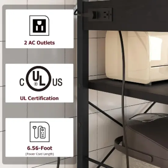 6-Tier Retro Bakers Rack with Power Outlet - Large Freestanding Kitchen Microwave Stand, Open Storage Shelves & Wire Basket, Utility Storage Shelf image {6}