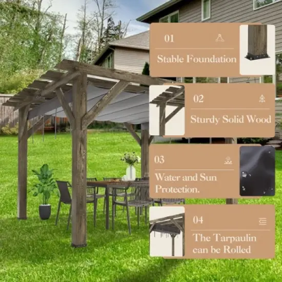 10x12 FT Wood Pergola with Retractable Canopy, Retractable Shade Canopy, Durable, Rot Resistant, for Backyard, Deck, Garden, Outdoor Entertaining image {2}