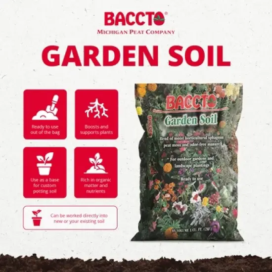 Michigan Peat Company BACCTO Garden & Potting Soil with Peat Moss for Plants, Vegetables, Landscape, Trees, and Shrubs, 1 Cubic Foot image {1}