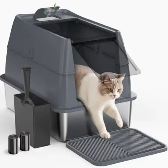 JOEJOY Stainless Steel Cat Litter Box,Double-layered 18" High Sided Cat Litter Box,Metal Litter Pan with Lid,Extra Large Litter Box with Scoop image {2}