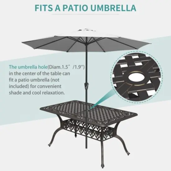 59'' Cast Aluminum Outdoor Dining Table Outdoor Patio Table for 6 Patio Dining Table with 2" Umbrella image {6}