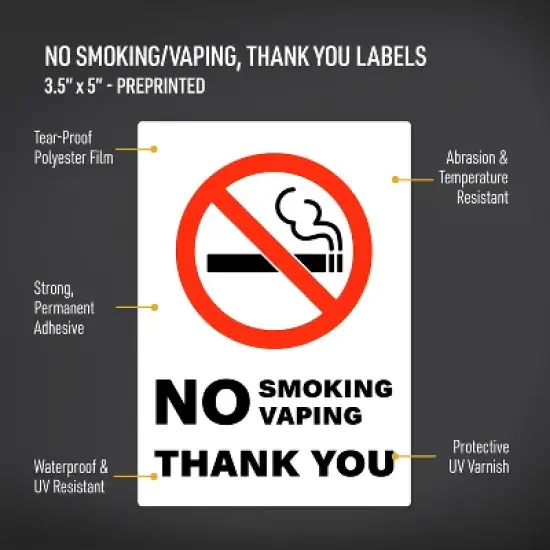 Avery No Smoking/Vaping Thank You Sign Label Stickers, Waterproof, UV Resistant, Preprinted, 5" x 3.5", 8 Stickers image {1}