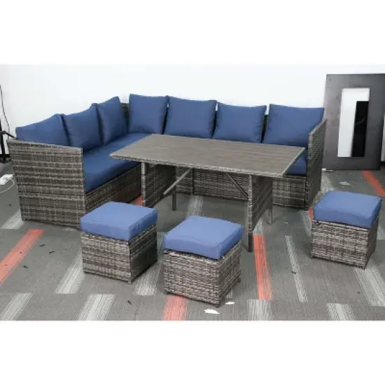 COWLOWN 7 Piece Blue Outdoor Patio Furniture Set, Brown Rattan with Dining Table, 3 Ottomans, Thickened Cushions for Backyard, Deck and Garden image {9}