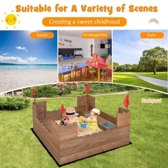 Costway Solid Wood Kids Sandbox w/ 2 Bench Seats, Outdoor Sandpit w/ Storage Box & Flags image {8}