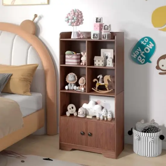 Costway 4-Tier Bookshelf 2-Door Storage Cabinet with4 Cubes Display Shelf for Home Office image {4}