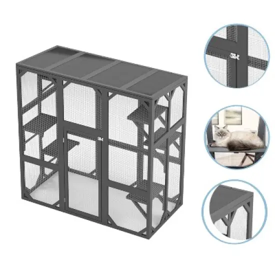 Outdoor Wooden Catio Cat Enclosure &ndash; 60" Large Feral Cat House with Platforms, Grey image {5}