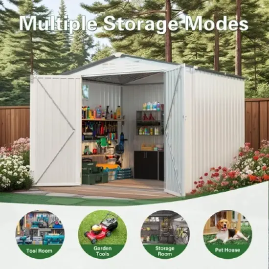 ORRD 8X6 FT Metal Outdoor Shed | Pitched Roof, Waterproof | Side Window, Lockable Door | Ideal for Garden Tools, Sundries & Bikes | White+Gray image {7}