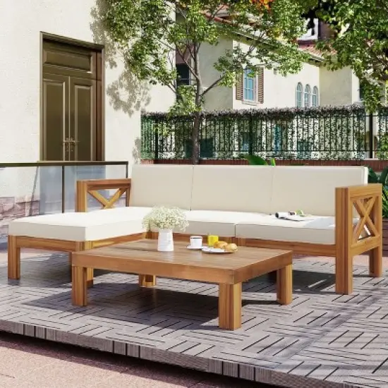 5 Piece Outdoor Corner Patio Sofa Set,L-Shaped Wood Garden Sectional Sofa Set,Patio Conversation Set with Cushions and Coffee Table-Coolbibila image {6}