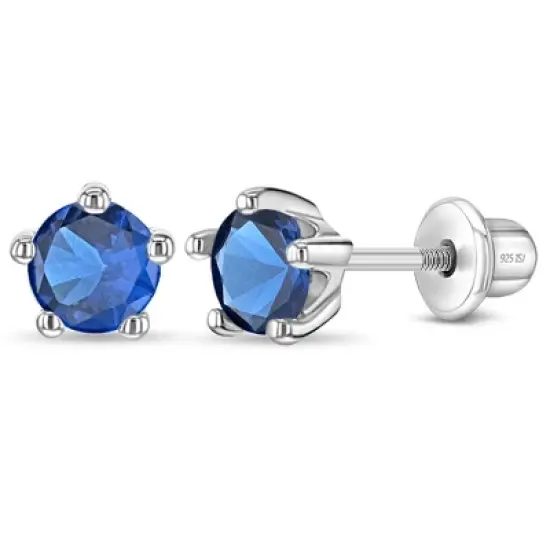 Girl's Classic CZ Birthstone Solitaire Screw Back Sterling Silver Earrings - In Season Jewelry image {16}