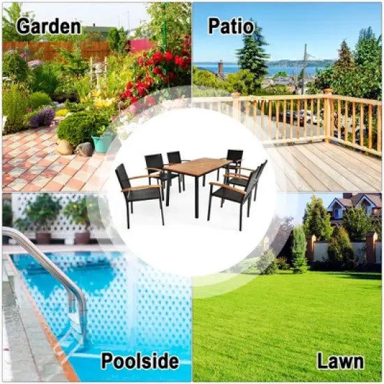 Costway 7 PCS Patio Rattan Dining Set Acacia Wood Table Top Stackable Chair image {3}