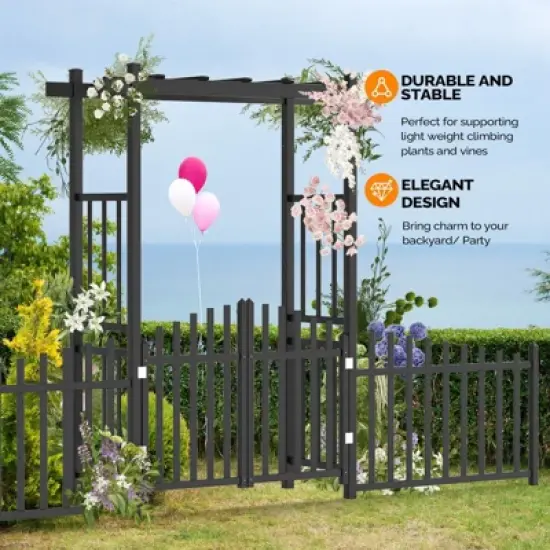 Karl Home 85 In. Black Pvc Garden Arbor With Gate And Fence image {3}