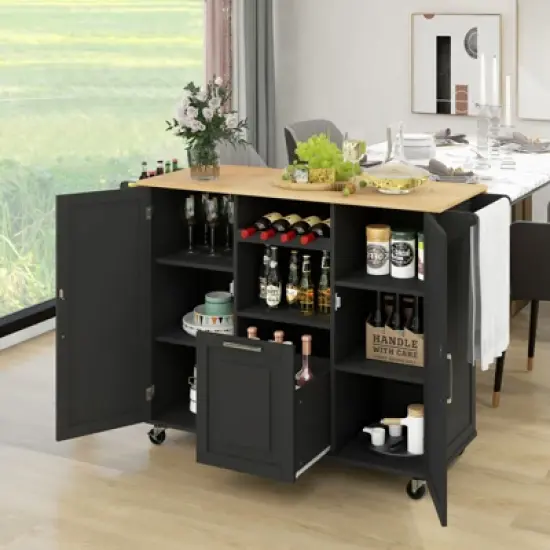 Costway Rolling Kitchen Island Utility Serving Cart with Drop Leaf Wine Rack Drawer image {2}