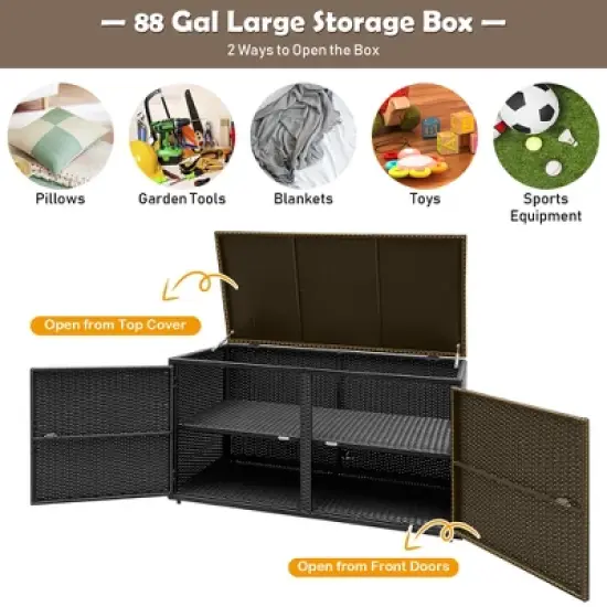 Costway 88 Gallon Garden Patio Rattan Storage Container Box Bin Shelf Black\Brown image {6}