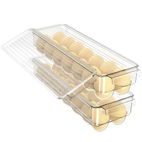 J&V TEXTILES Egg Container With Lid and Handle for Refrigerator Organization- Pack of 2 - Clear Stackable Egg Holder for Kitchen or Pantry image {5}
