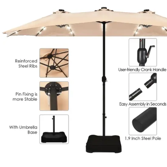 Costway 15Ft Patio Double-Sided Solar LED Market Umbrella Crank Base BeigeTanOrangeBurgundy image {7}