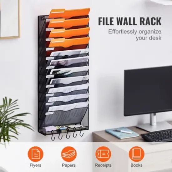 VEVOR File Wall Rack, One-Piece 12 Pockets Mesh Wall File Holder, Wall Mounted Magazine Mail Paper & Document Storage Folder, Black image {6}