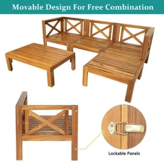 5-Piece Outdoor Patio Solid Wood Sectional Sofa with Coffee Table and Cushions image {2}