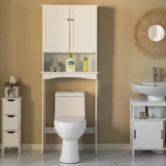 Basicwise White Over the Toilet Standing Cabinet Organizer for Bathroom with Open Shelf image {1}