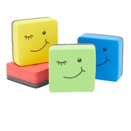 Juvale 24 Pack Magnetic Mini Dry Erase Erasers for Classroom Whiteboard, School Supplies, Smiley Face, 4 Colors, 2 x 0.7 In image {5}