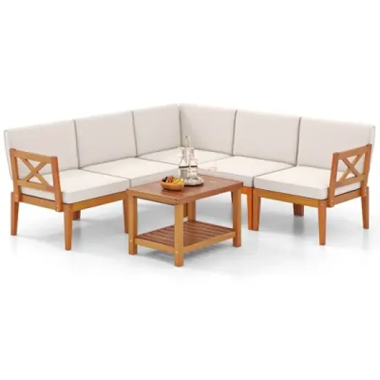 Costway 6 PCS Acacia Wood Patio Furniture Set with Cushions and 2-Tier Coffee Table image {1}