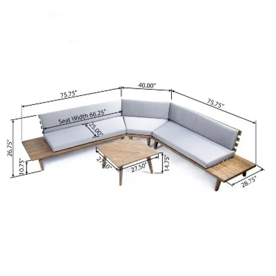 Christopher Knight Home Adelia Outdoor V-Shape Acacia Wood 5 Seater Sectional Sofa Set with Cushions image {2}