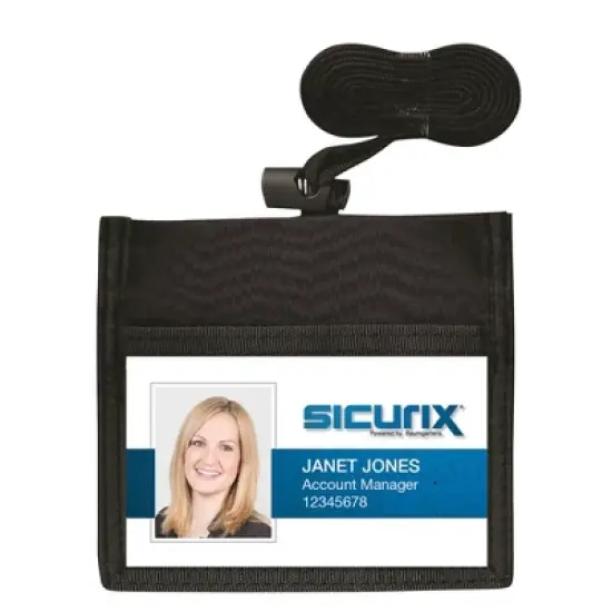 SICURIX ID Neck Pouch Badge Holder, Horizontal, Adjustable Cord, 4" x 2-1/4" Insert, Black, Pack of 6 image {1}