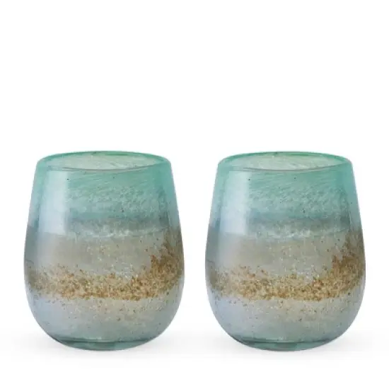 Twine Living Playa Bonita Stemless Wine Glasses, Recycled Drinking Glass, Coastal Inspired Sea Blue and Sand Design, 13 oz, Set of 2 image {5}
