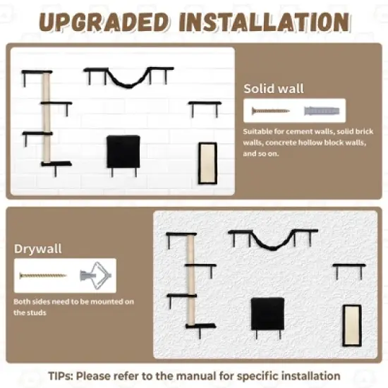 Sandinrayli Cat Wall Shelves - Wall-Mounted Set of 5, Floating Perches & Hanging Beds, Modern Furniture for Large Cats/Kitties (Black) image {4}