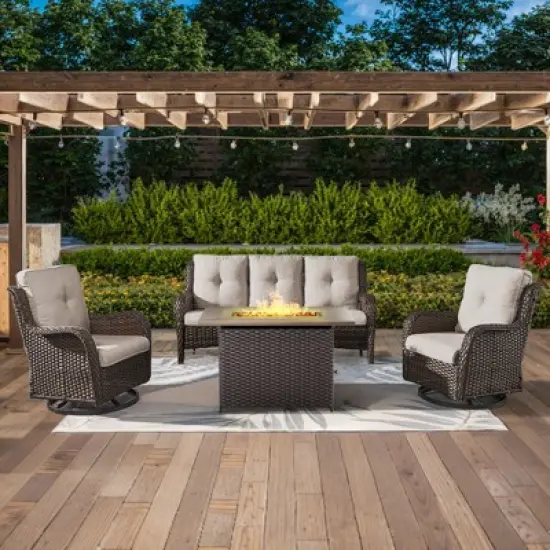 4PCS Patio Furniture Set with Fire Pit Table, Brown Wicker Outdoor Fire Pit Set with Patio Sofa, Swivel Glider Chair and Rectangular Propane Fire Pit image {12}