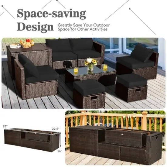 Costway 8PCS Patio Rattan Furniture Set  Space-Saving Storage Cushion Black\Turquoise\Navy cover image {4}
